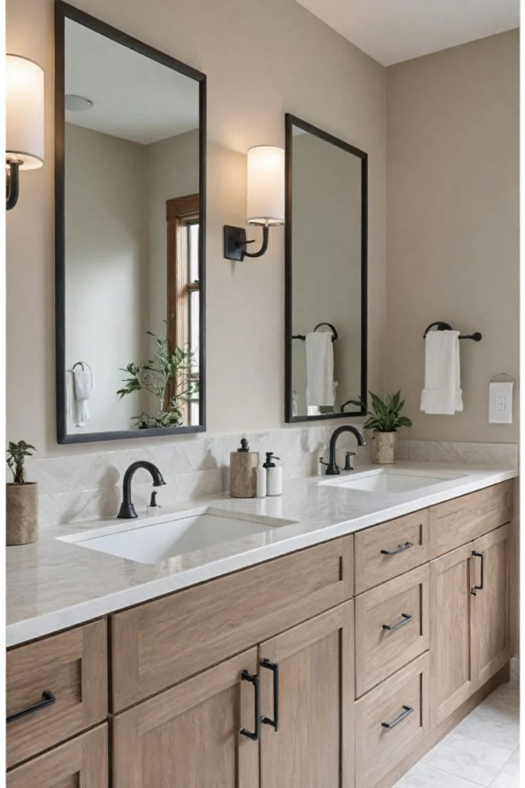 Bright bathroom with white vanity, stone countertop and tall mirrors