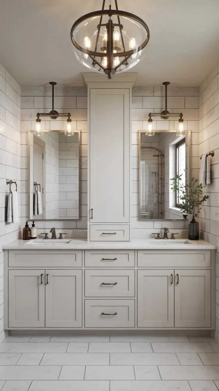 Marble-look bathroom with white cabinetry and decorative pendant lighting