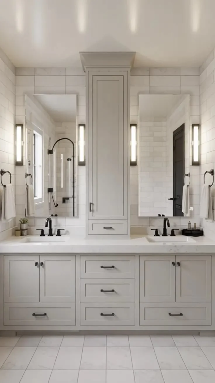 White bathroom vanity with undermount sinks and brass fixtures