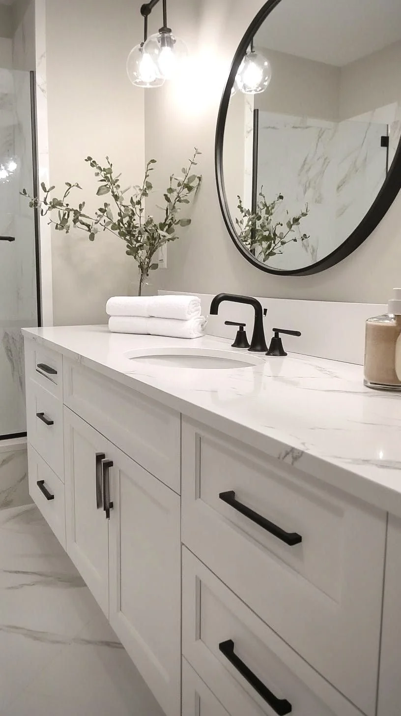 White bathroom vanity with black faucet and round mirror