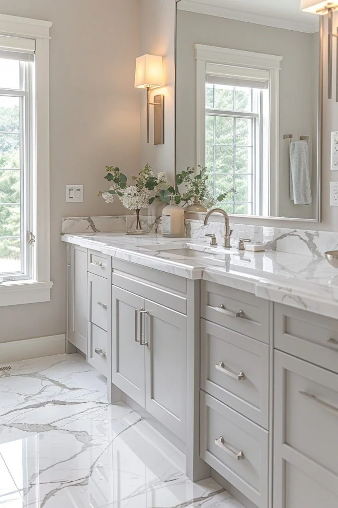 Bathroom with freestanding white vanity and wall mirror