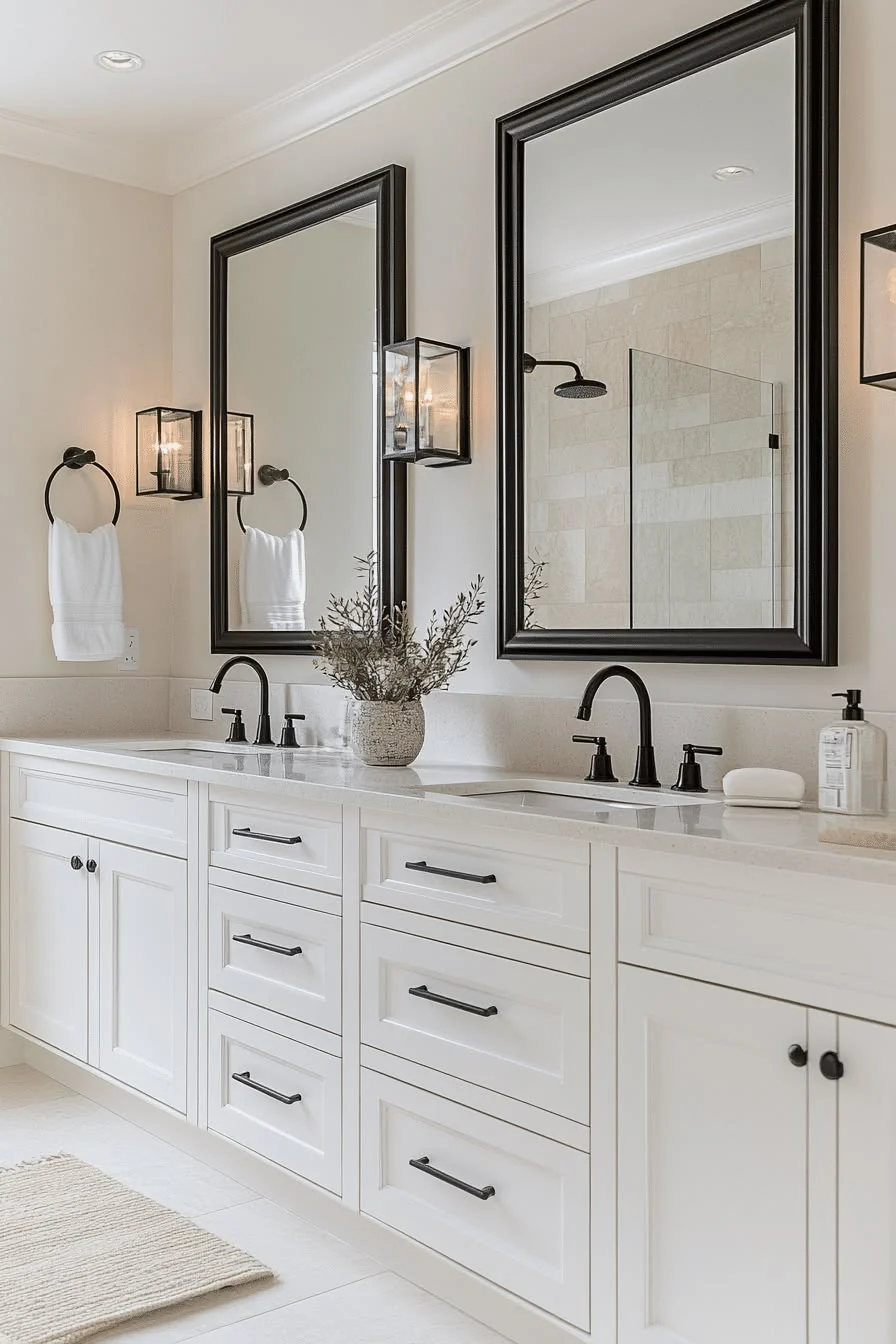 Twin-sink bathroom with wood vanity cabinets and rectangular mirrors