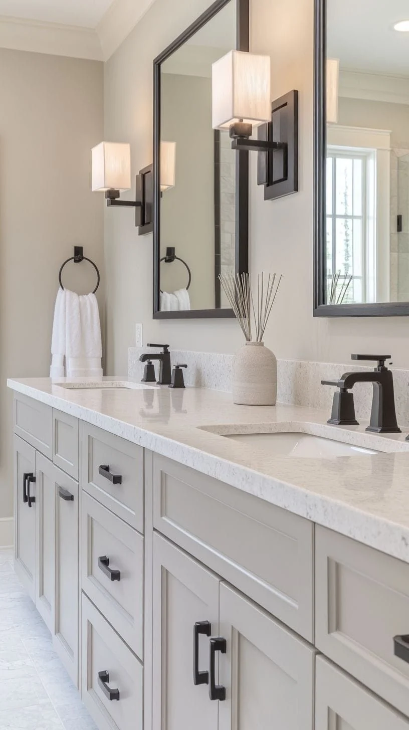 Bathroom with grey cabinets, round mirror and stone-look backsplash