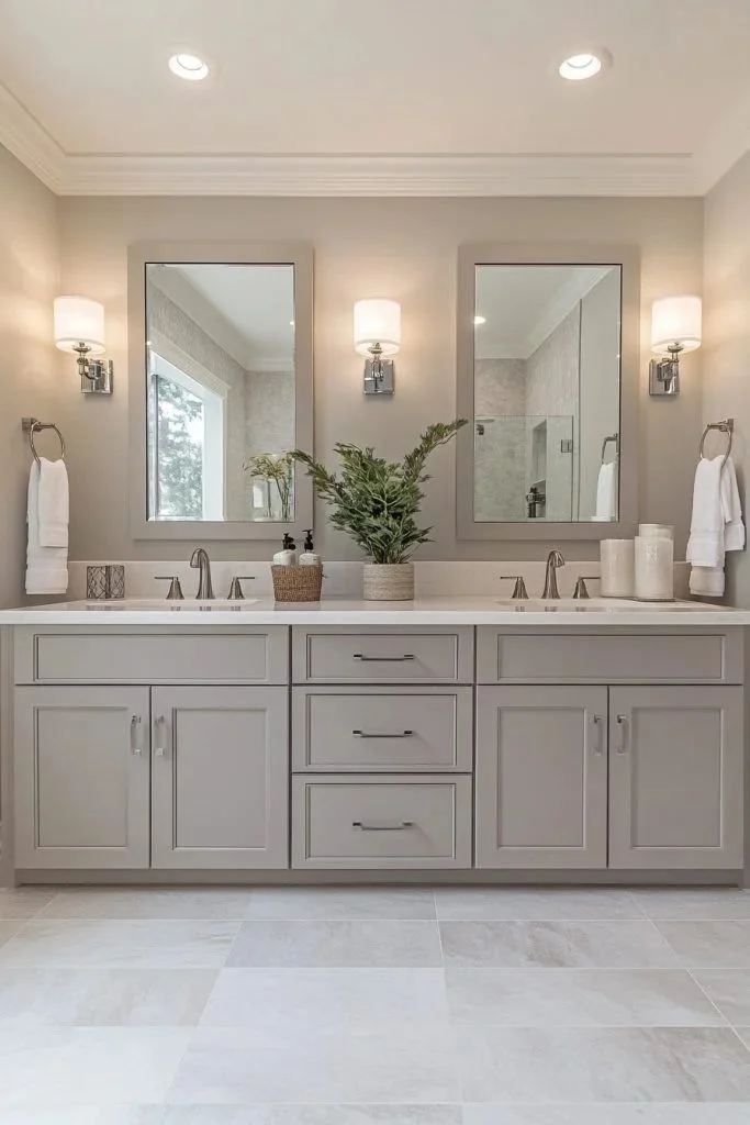 Bathroom with white double-sink vanity and decorative lighting