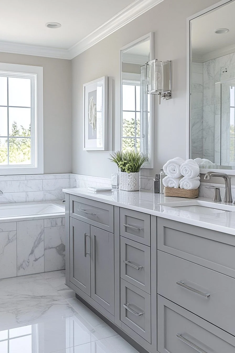 Bright bathroom with white vanity and glass shower enclosure