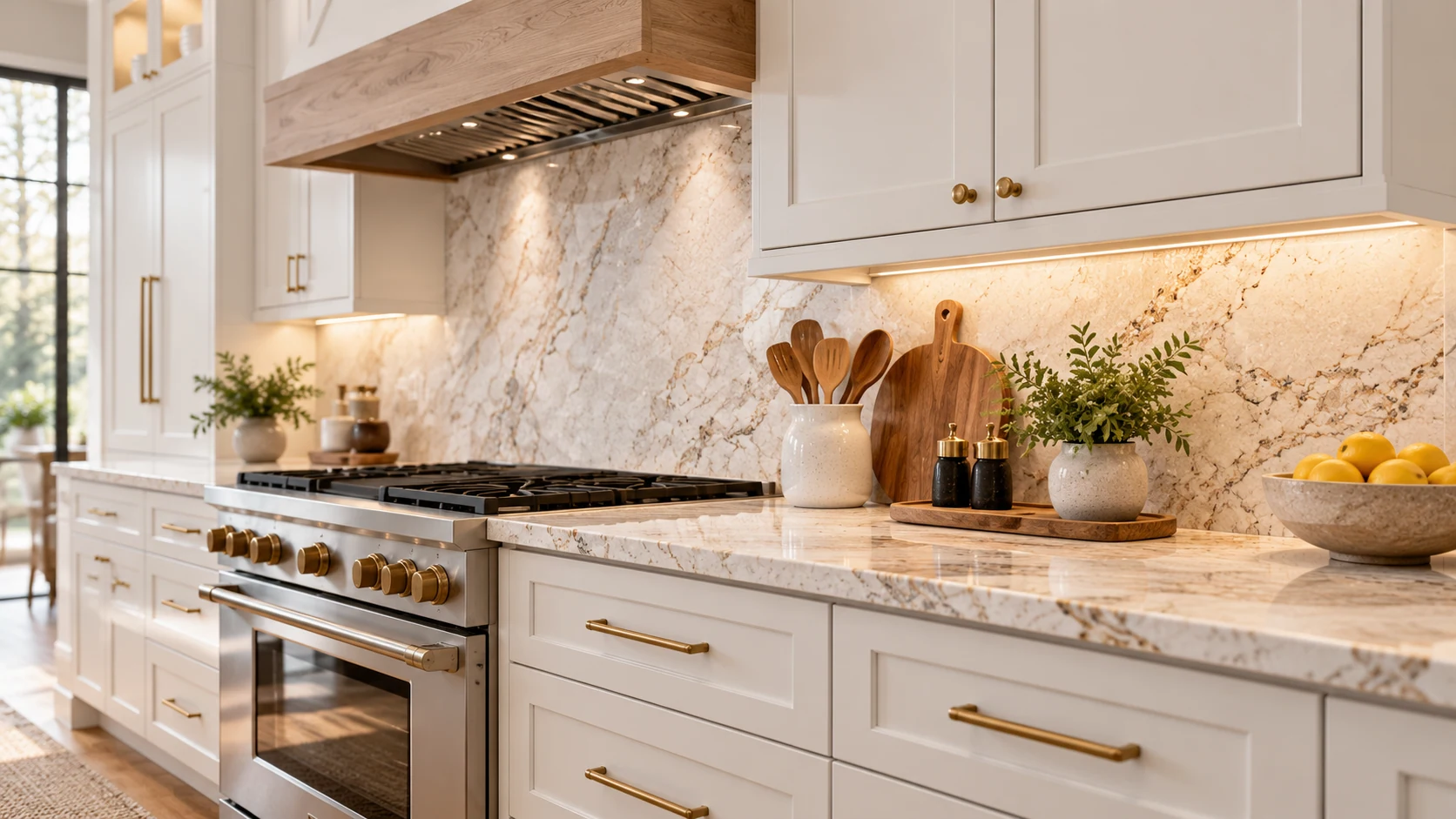 Light wood kitchen cabinetry with marble-look backsplash and brass fixtures
