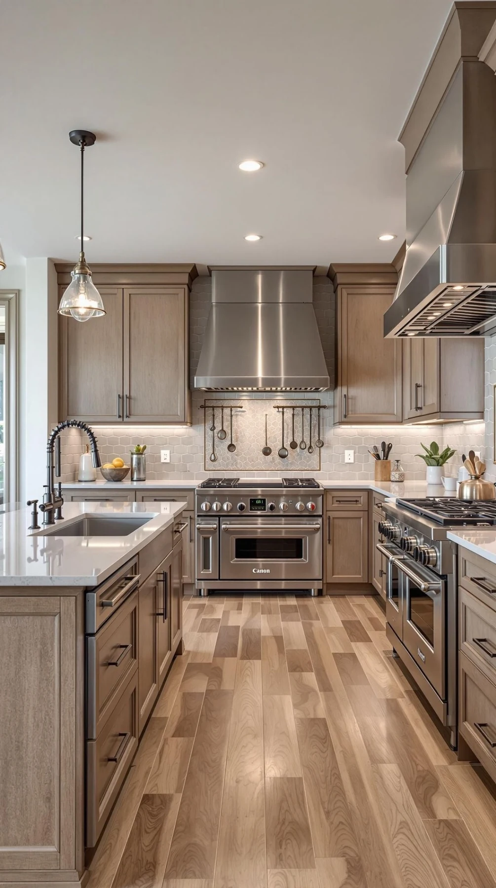 Open kitchen with warm natural wood cabinetry and central island