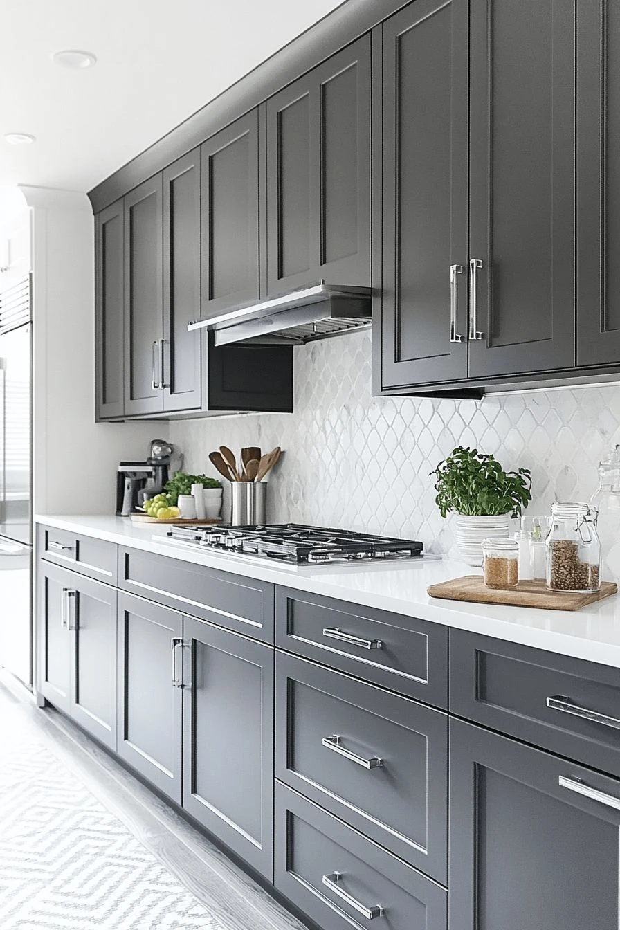 Kitchen wall with grey shaker drawers, white cabinets and sink
