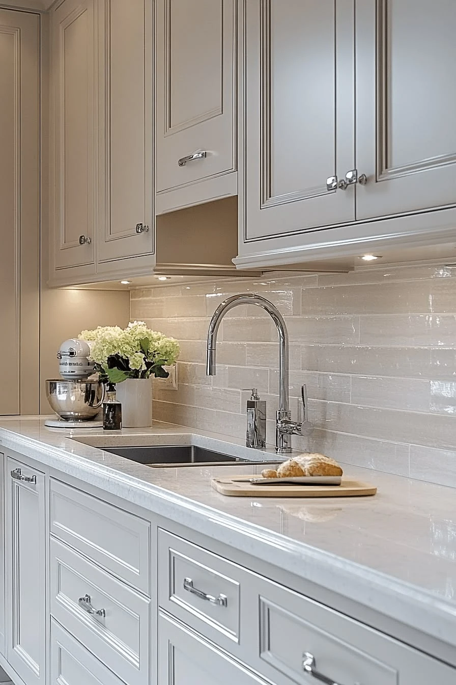 Grey shaker kitchen cabinets with white tile and stainless faucet