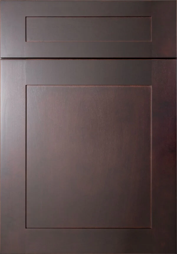 Dark burgundy shaker cabinet door with recessed panel