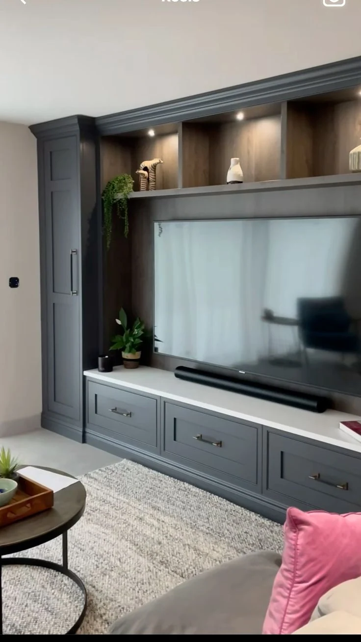 Wood home office desk with overhead shelving and storage