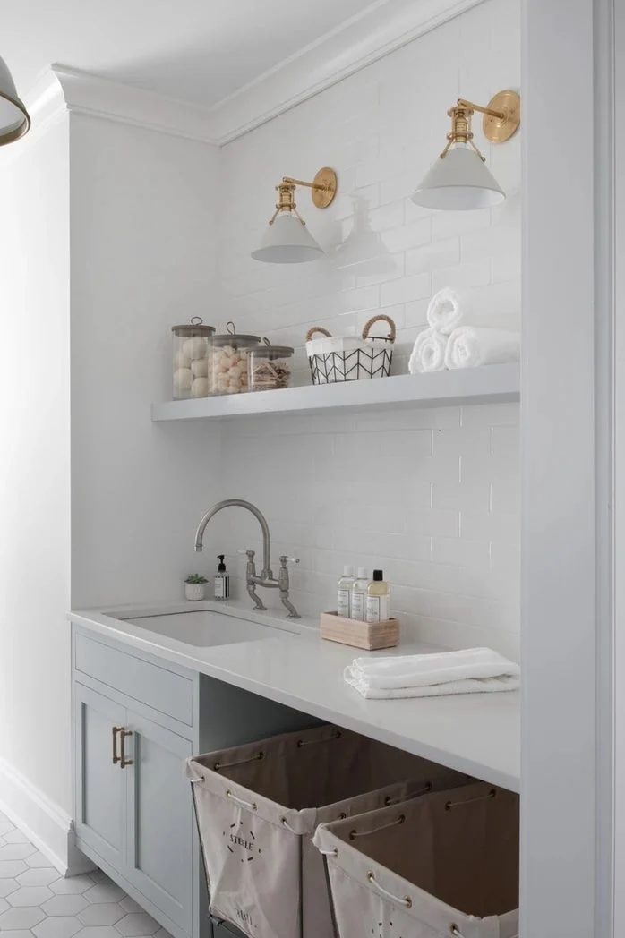 White open shelving with drawers and decorative storage