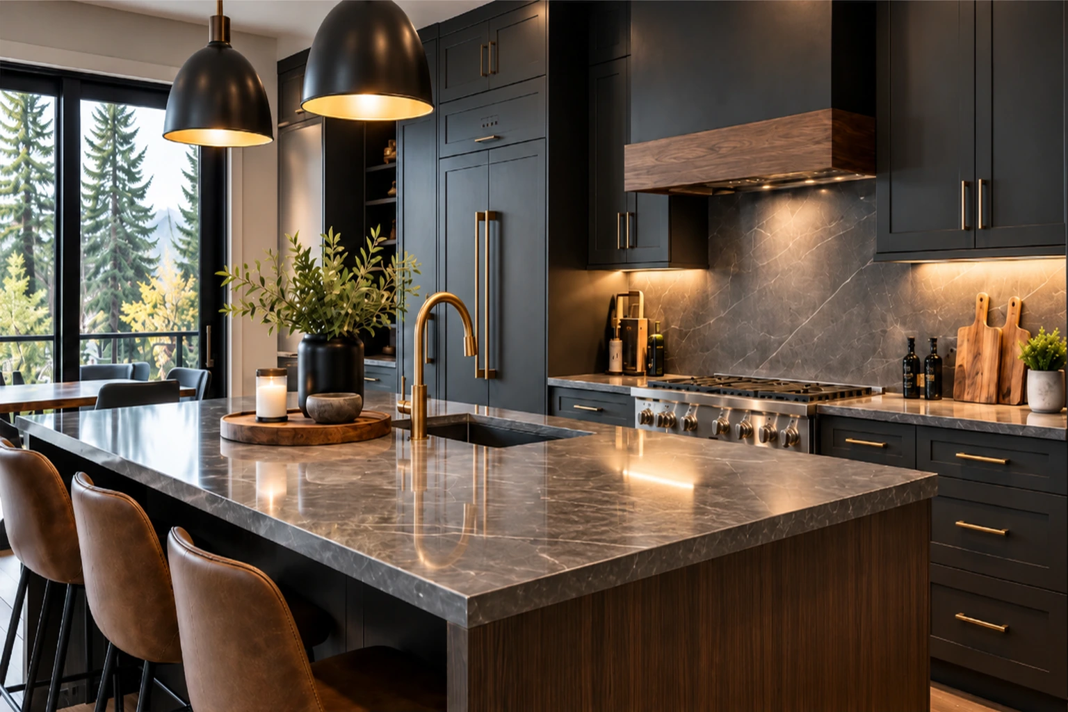 Dark graphite kitchen with warm brass lighting and stone island